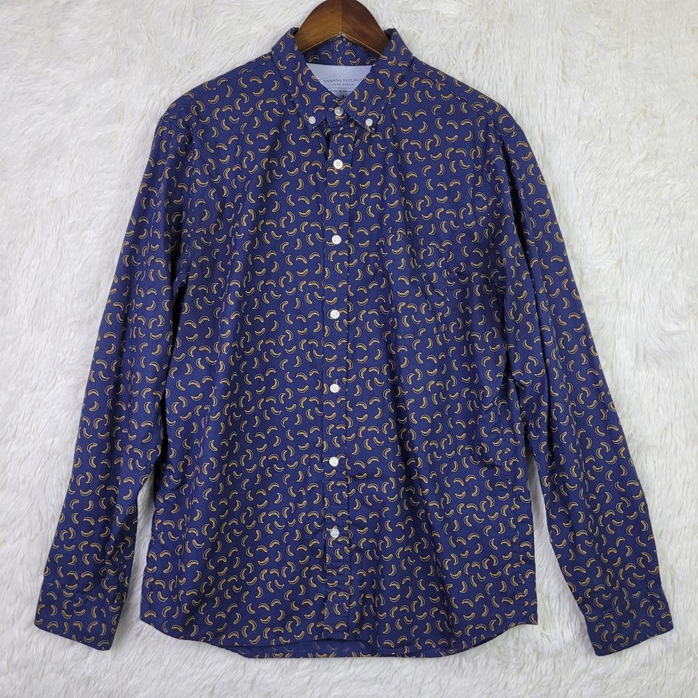 Banana Republic Mens L Luxe Poplin Slim Fit Fruit Graphic Shirt‎ Preppy Casual
